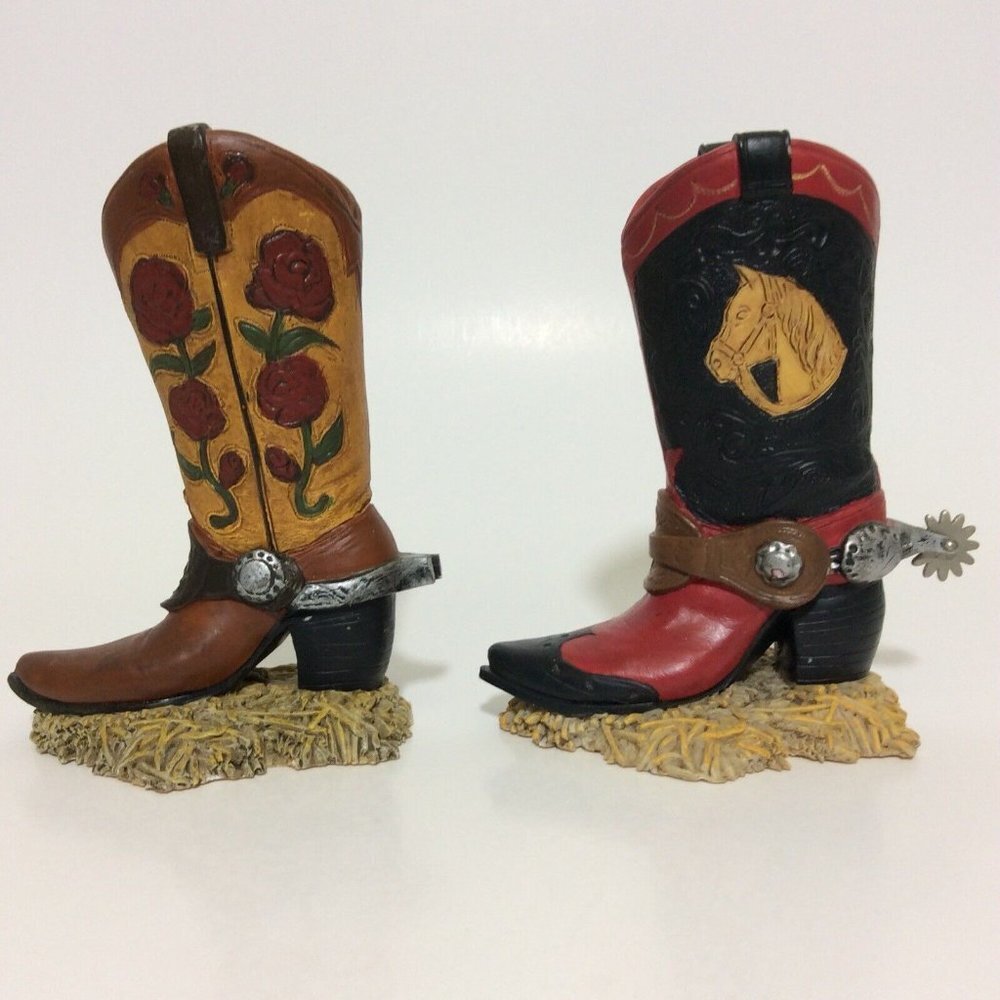 Western Cowboy Spur Boot Box Ceramic Figurines Knick Knacks Decor Set Of 2 - Picture 3 of 12